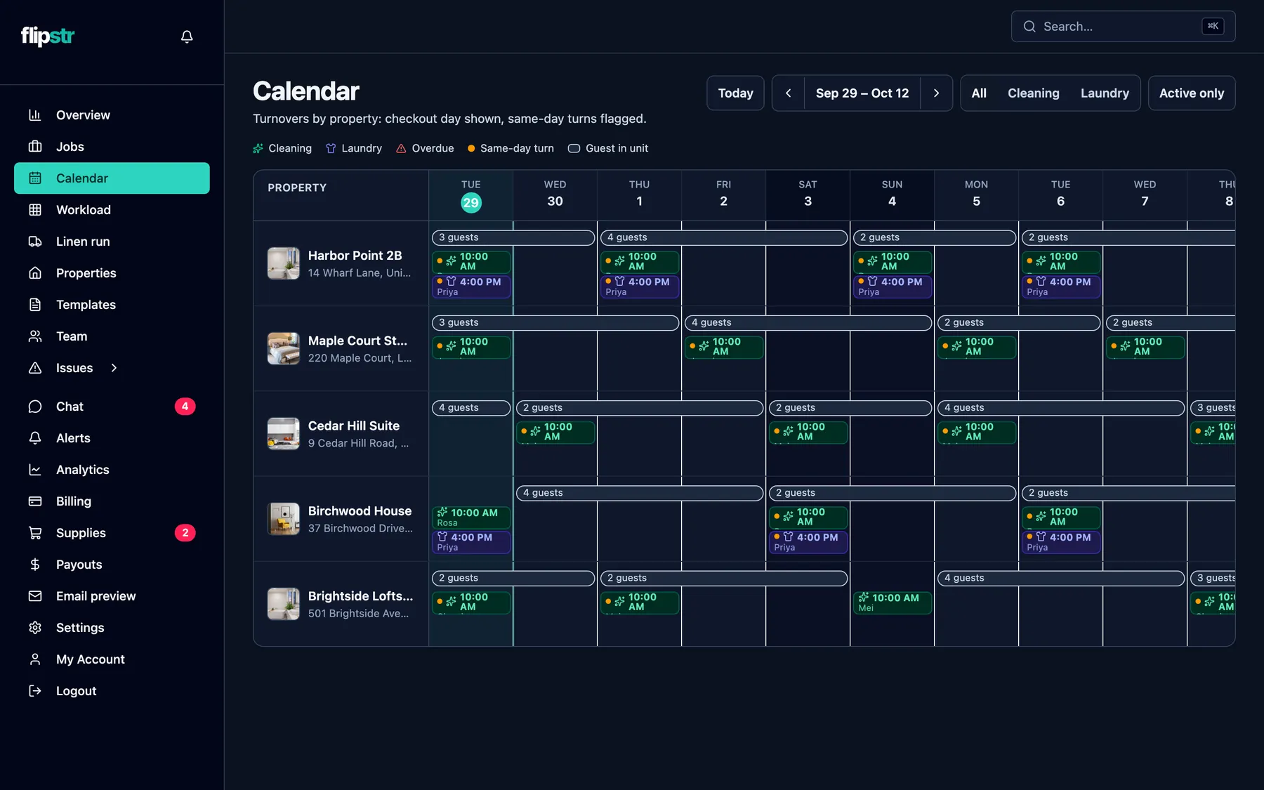 The calendar: cleaning and laundry per property across the week