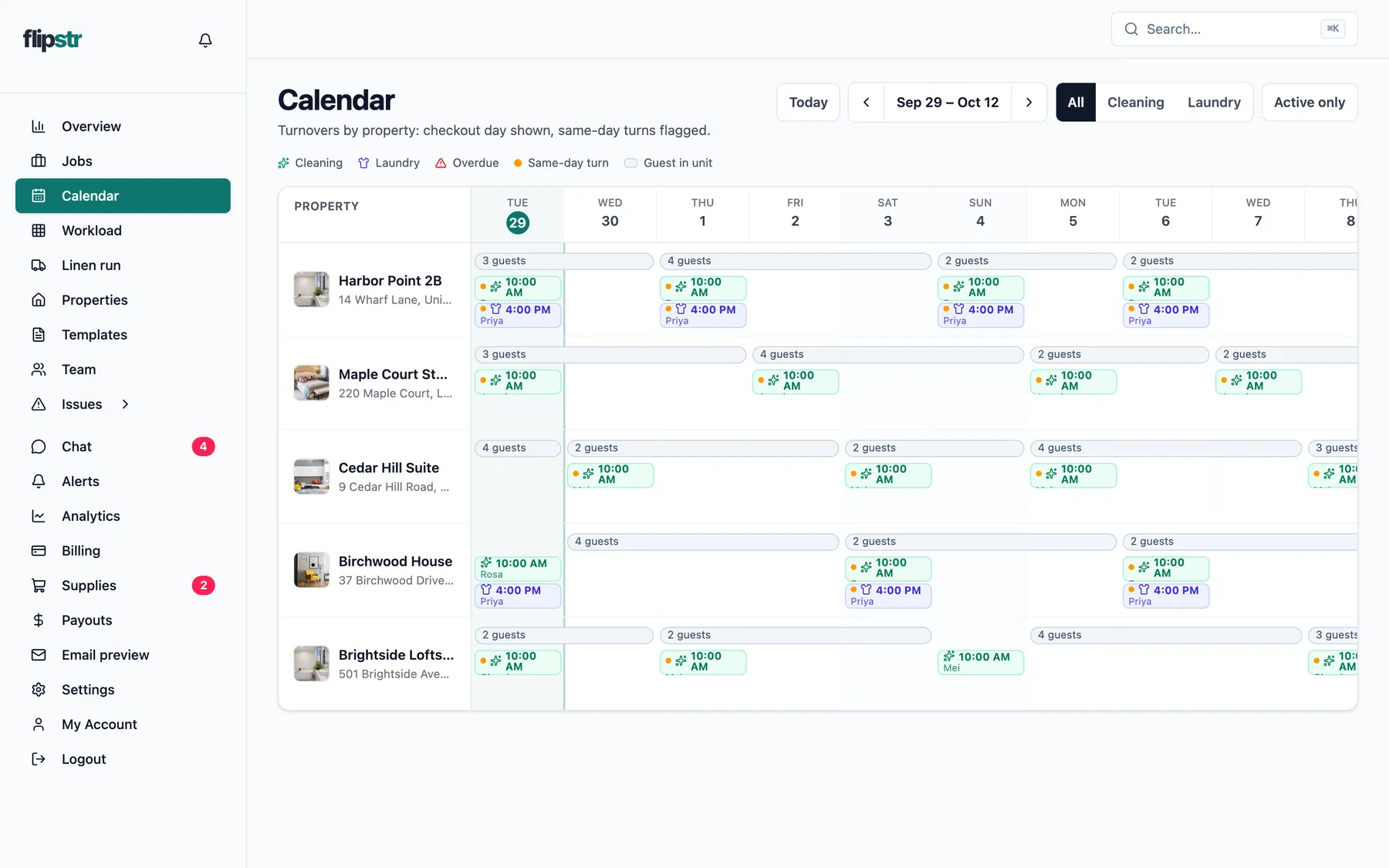 The calendar: cleaning and laundry per property across the week