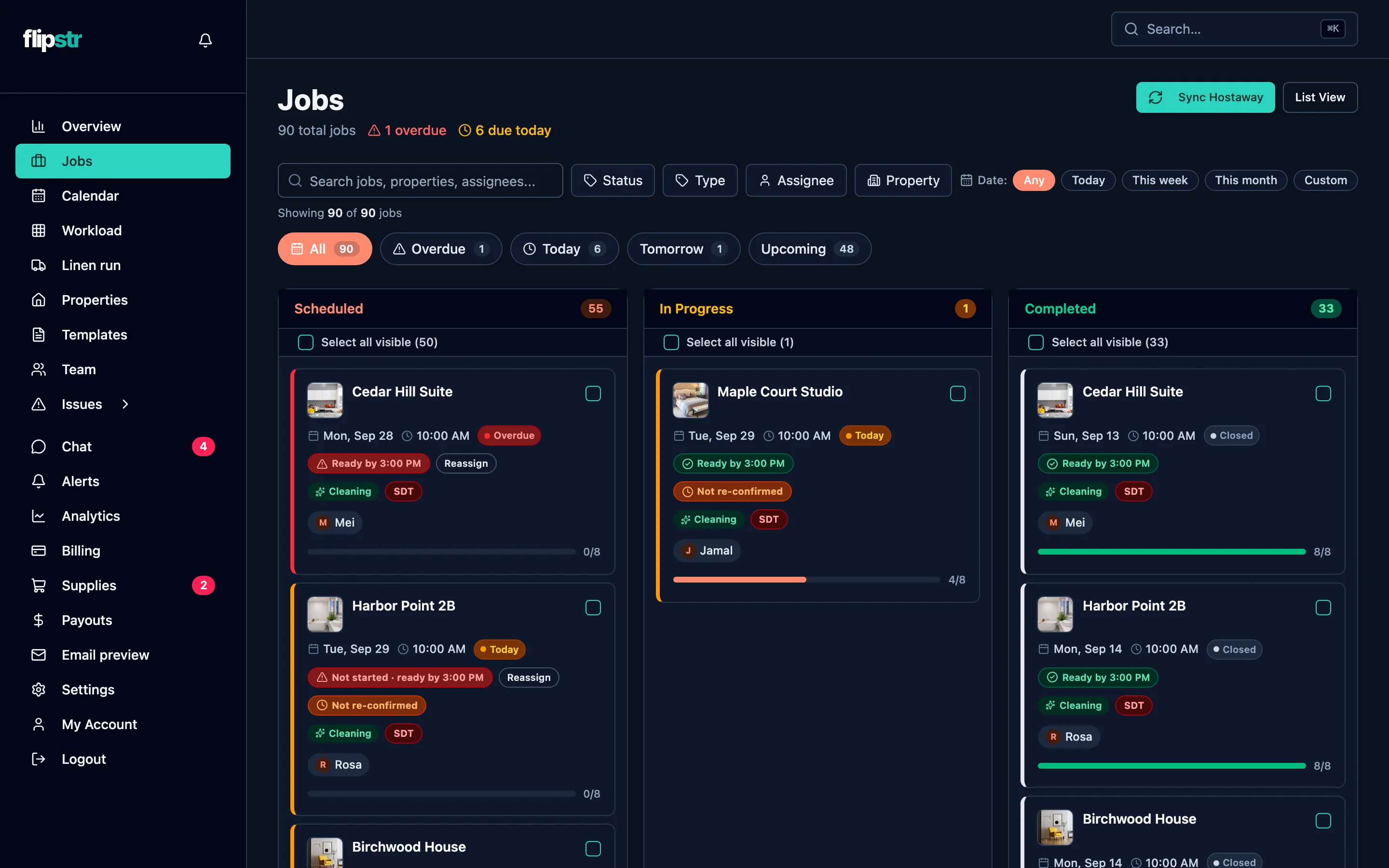The flipstr jobs board for Harbor & Pine Rentals: scheduled, in-progress and completed turns