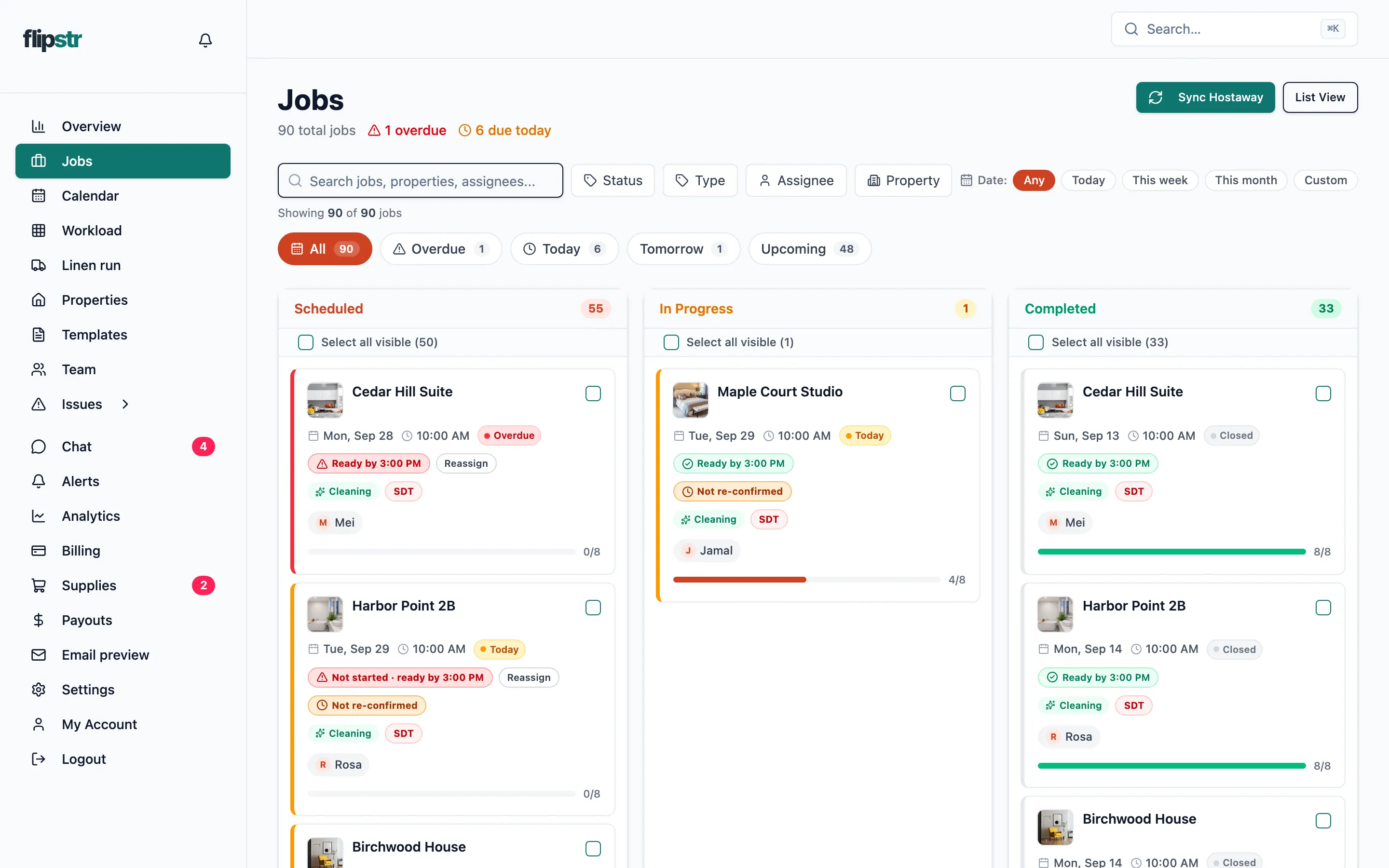 The flipstr jobs board for Harbor & Pine Rentals: scheduled, in-progress and completed turns
