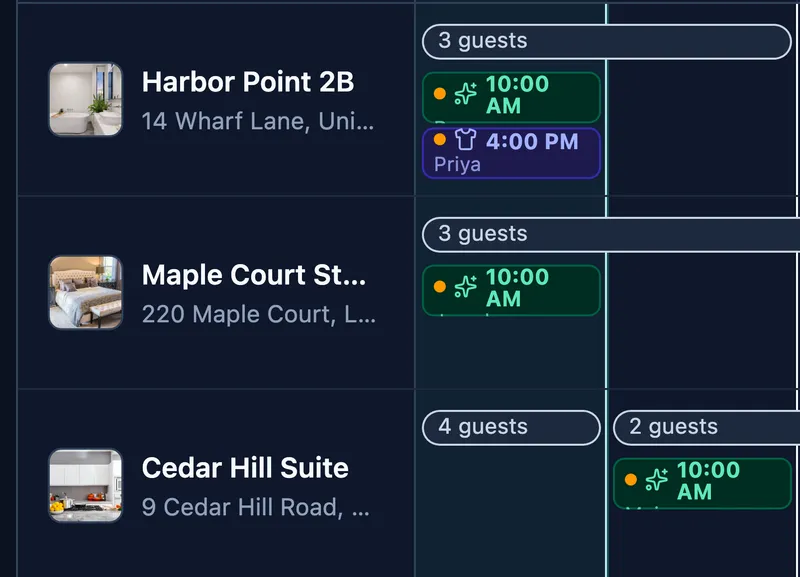 The calendar for Harbor Point 2B and Maple Court Studio: cleaning at 10:00 AM and the laundry run at 4:00 PM on the same row
