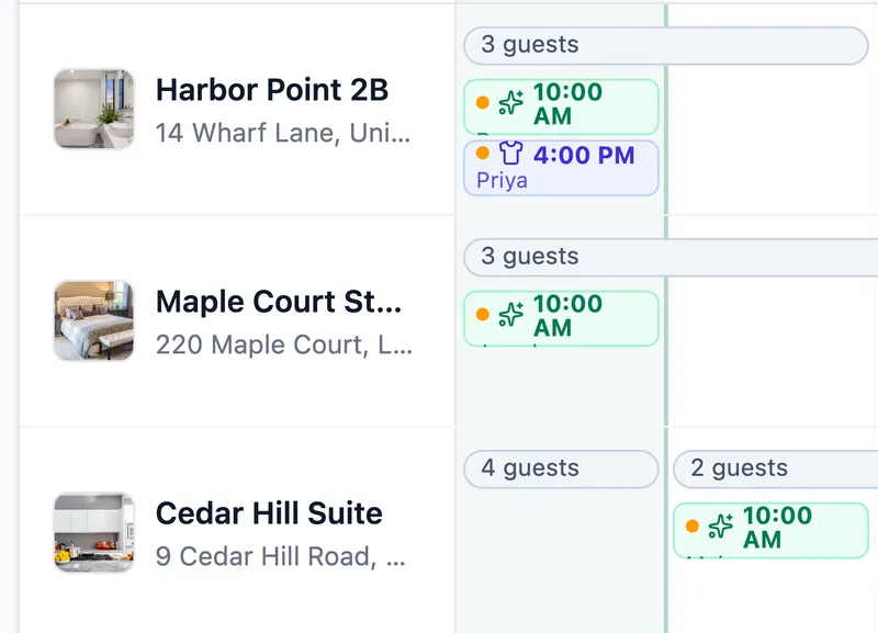 The calendar for Harbor Point 2B and Maple Court Studio: cleaning at 10:00 AM and the laundry run at 4:00 PM on the same row
