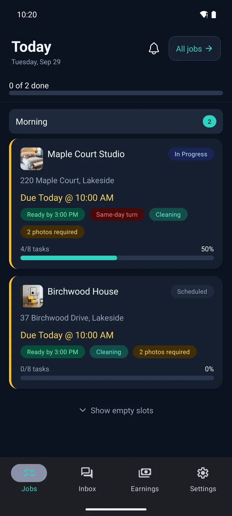 The crew app's Today screen: Maple Court Studio in progress, Birchwood House next