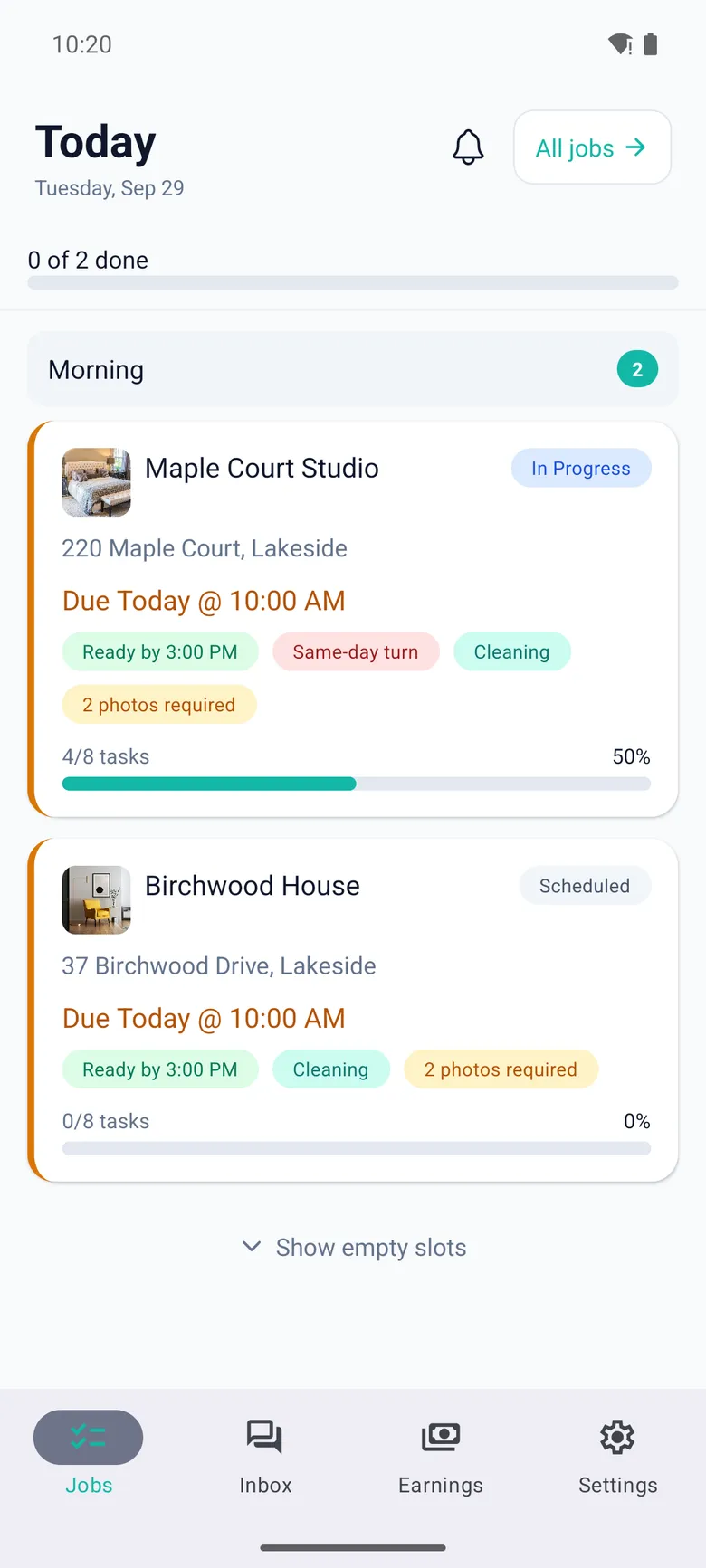 The crew app's Today screen: Maple Court Studio in progress, Birchwood House next